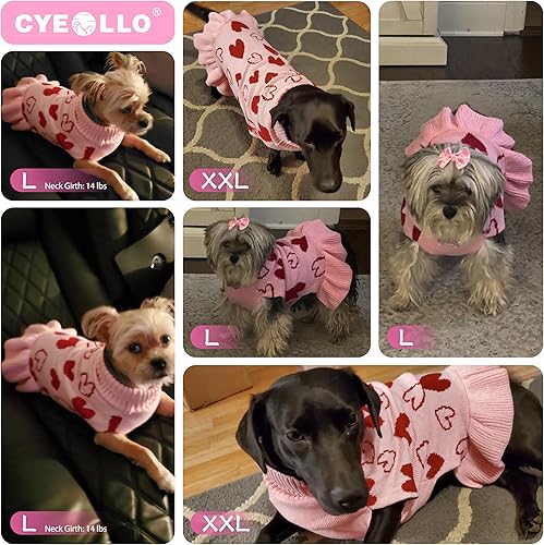 Miniatura 3 de cyeollo Vestido de suéter para perro, ropa de San Valentín, cuello alto con agujero para la correa, patrón de corazón, tema festivo, ropa para