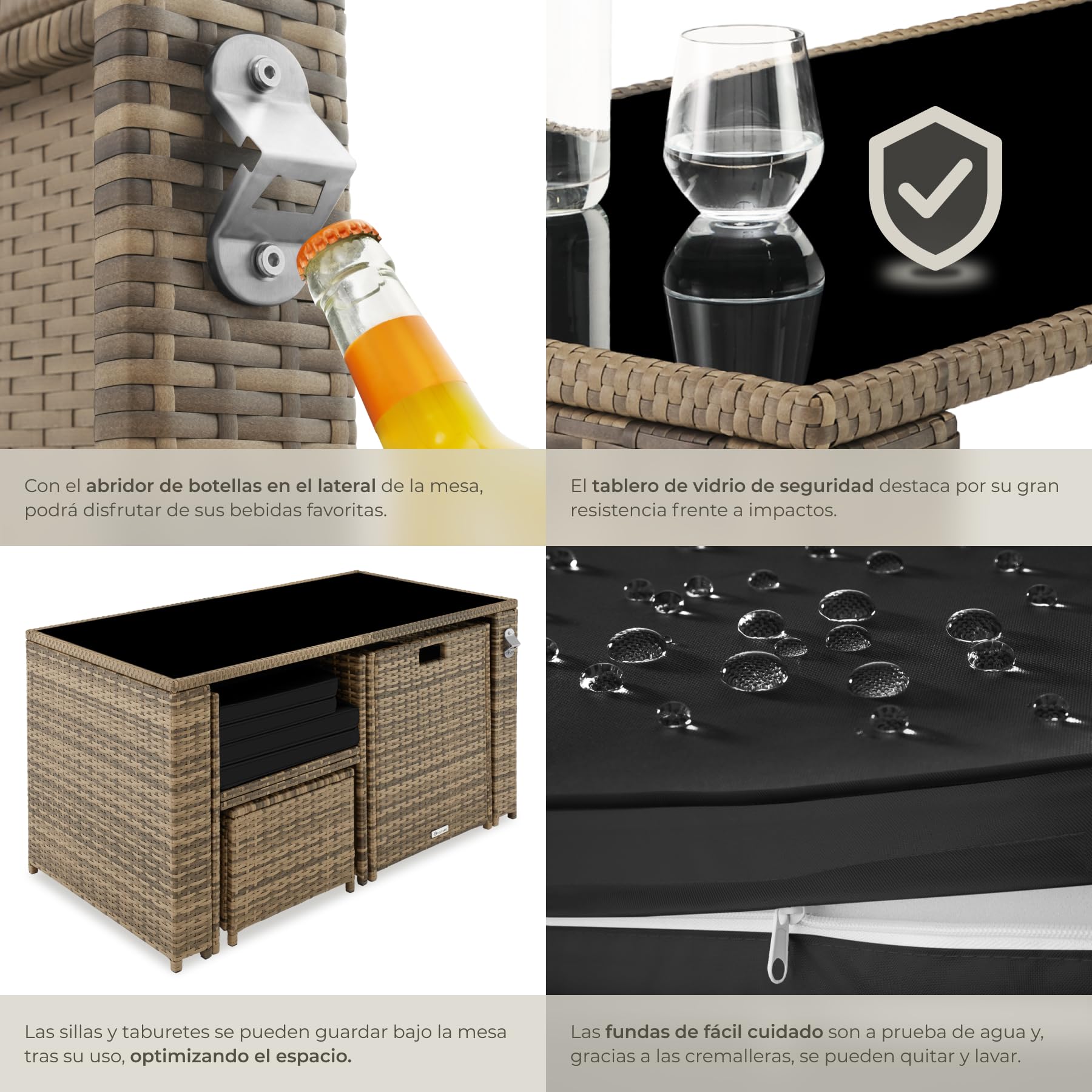 tectake® Conjunto Jardín Exterior de Ratán y Acero, Muebles Jardín Exterior Resistente a la Intemperie, 2 Sillones Plegables, 2 Taburetes, 1 Mesa con Cristal, con Cojines y Abrebotellas - marrón