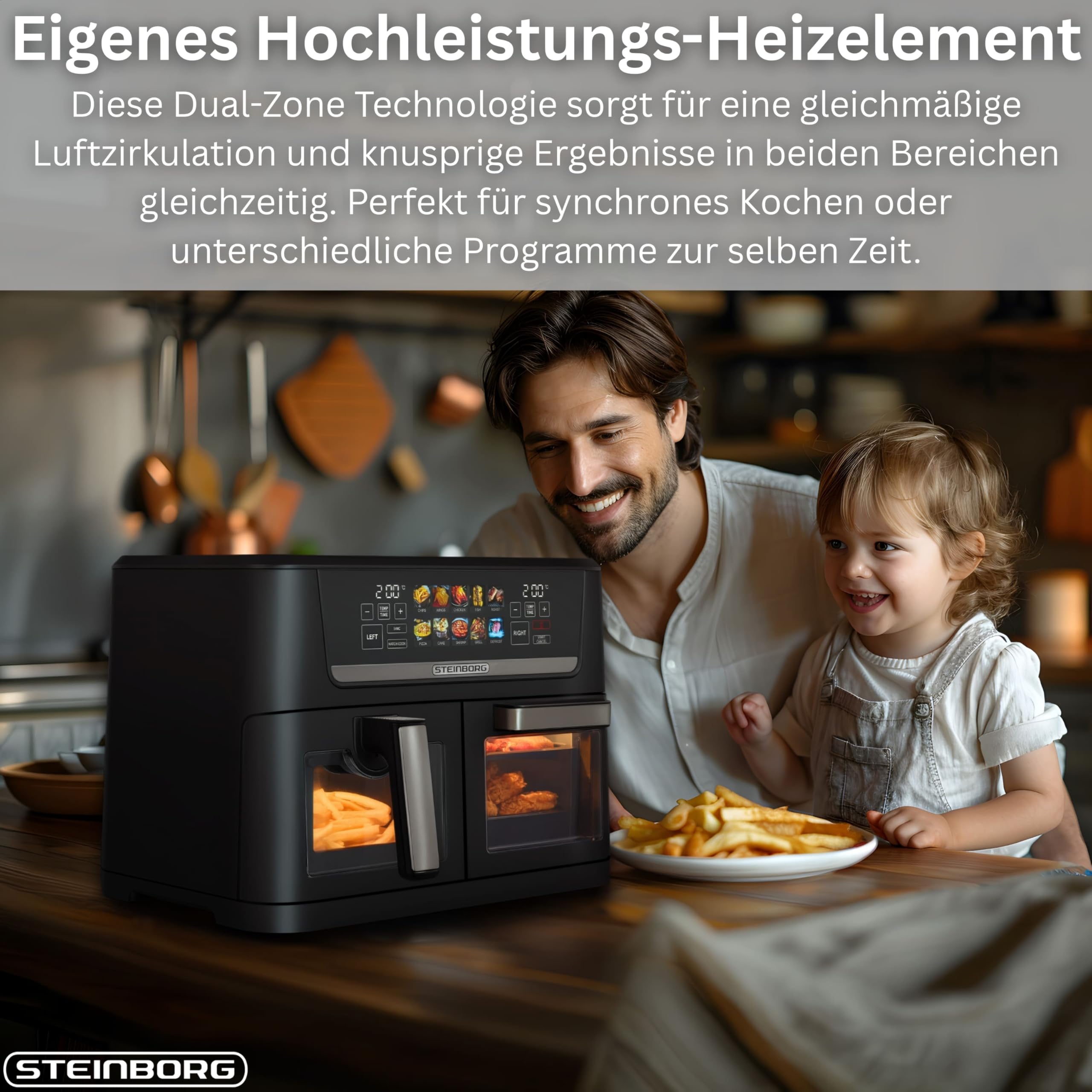 Steinborg® XXL Dual Zone frytkownica na gorące powietrze, 14 litrów (8 l + 6 l), 1700 W, z 2 komorami i 2 niezależnymi strefami gotowania, cyfrowy wyświetlacz, 10 programów w temperaturze 60–200°C
