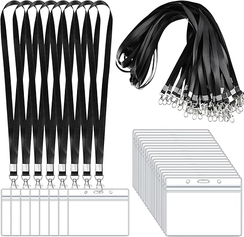 Juego de 50 cordones negros con soportes transparentes para tarjetas de identificación, soportes horizontales para insignias de identificación
