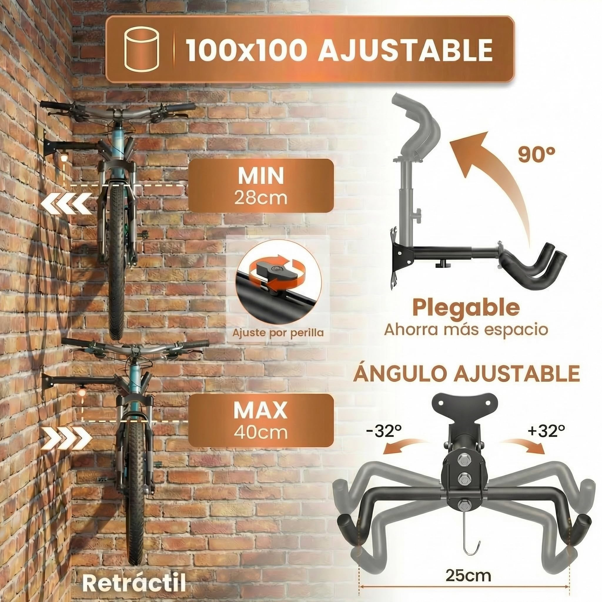 Soporte Bicicletas Pared, Soporte de Pared Para Bicicletas, Plegable, Ángulo y Distancia Ajustable, Extra Acolchado, Gancho para Casco y Calas, Con Kit Limpieza Bici y Guía Digital Montaje Rápido — view 3
