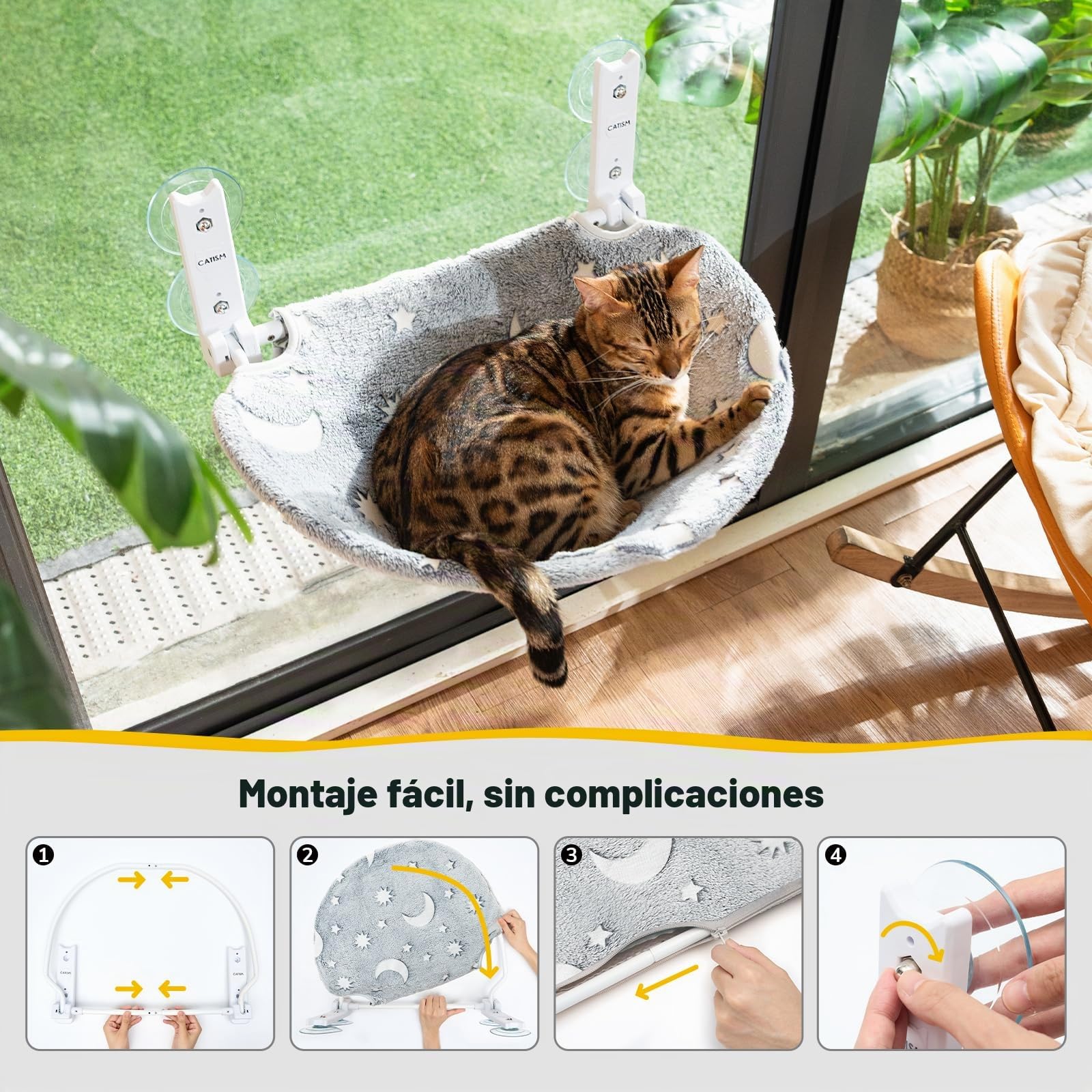 CATISM Plegable Hamaca Gato Ventana con Luminosa Estrellas y Luna, Camas para Ventanas con Ventosa Fuerte, Asiento Ventana Tumbona para Gatos, Tela Lavable, Cama Gato Ventana (50 x 36.5 cm)