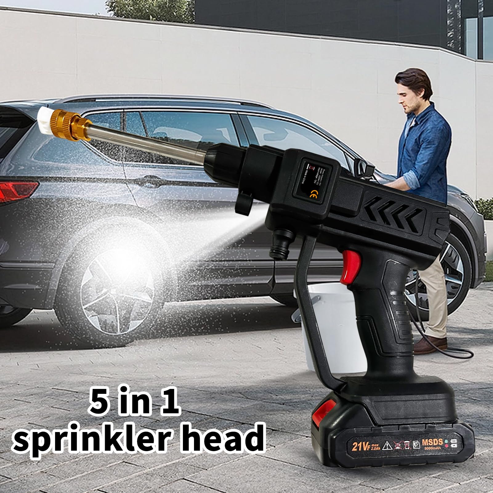 Shkalacar Idropulitrice Portatile 60 Bar 300W, Idropulitrice Batteria Alta Potenza con Batteria Ricaricabile Ugelli 5in1, Senza Fili per l'irrigazione, Pulizia, Auto, Pavimento