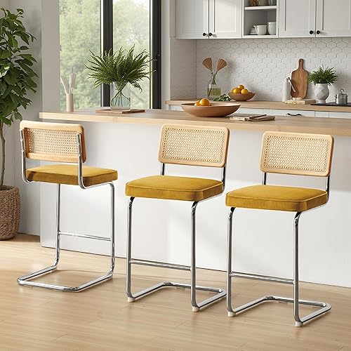 Miniatura 8 de Zesthouse Juego de 2 taburetes de bar de ratán natural, 26 pulgadas, modernos y bohemios de altura de mostrador con respaldo de madera maciza,