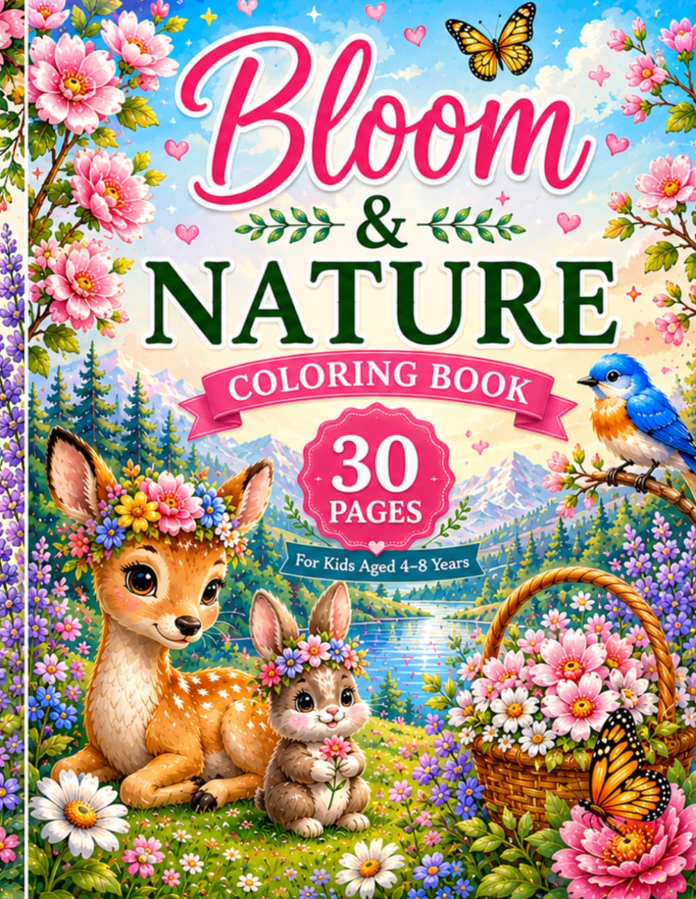 Bloom & Nature Coloring Book for Kids Ages 4-8: 30 Fun and Easy Coloring Pages of Flowers, Butterflies, Birds, Animals and Nature Scenes