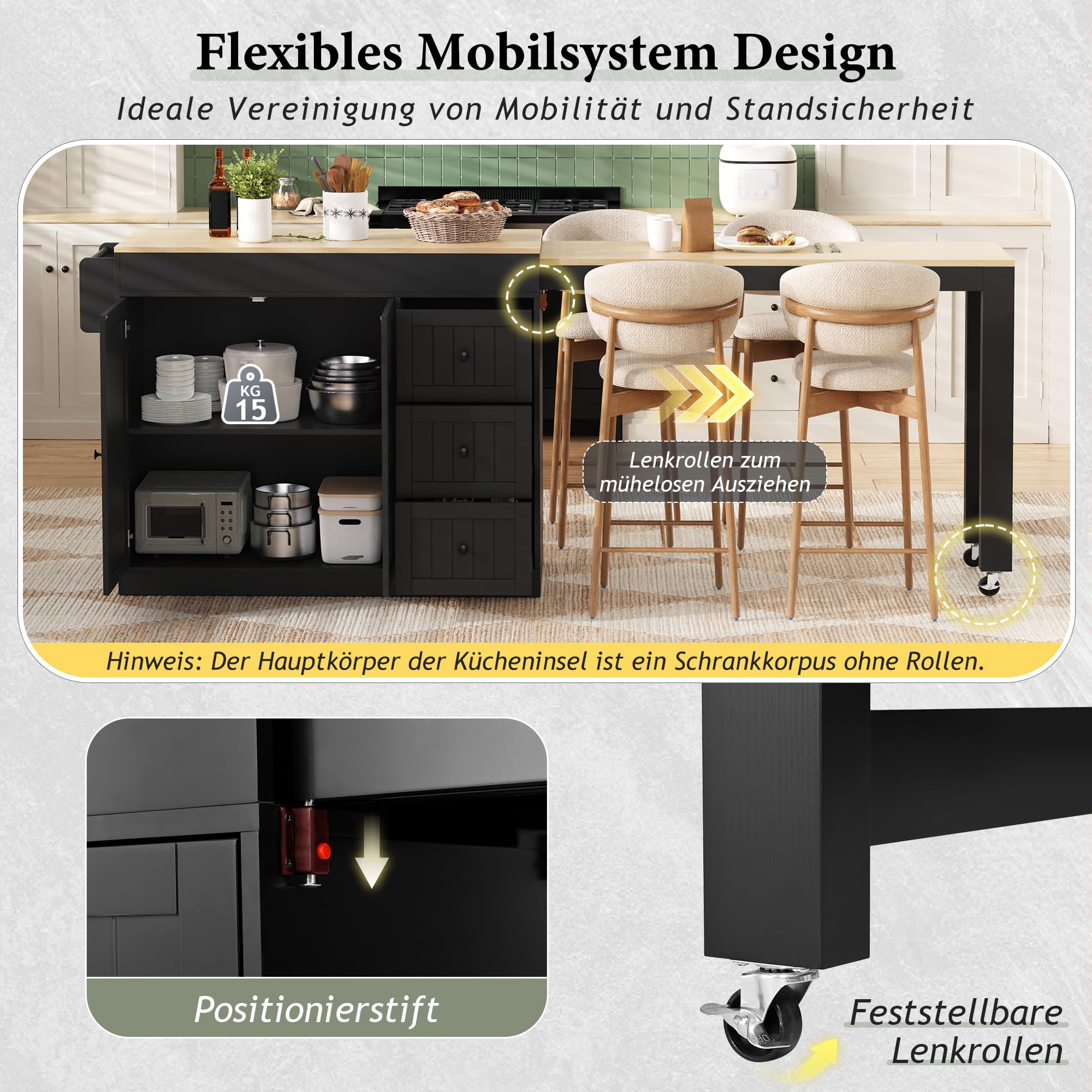 Kücheninsel auf Rollen mit ausziehbarer Arbeitsplatte, Mobile Kücheninsel mit Schubladen & Gewürzregal, freistehender Küchenwagen, platzsparend für kleine Küche & Esszimmer (Schwarz)