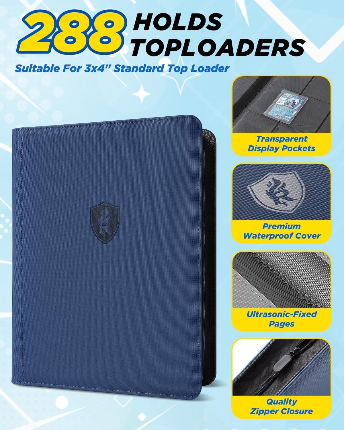 Raccoglitore per carte collezionabili con 9 tasche, con cerniera, double-face, 252 Toploader per TCG, MTG, carte sportive (blu)