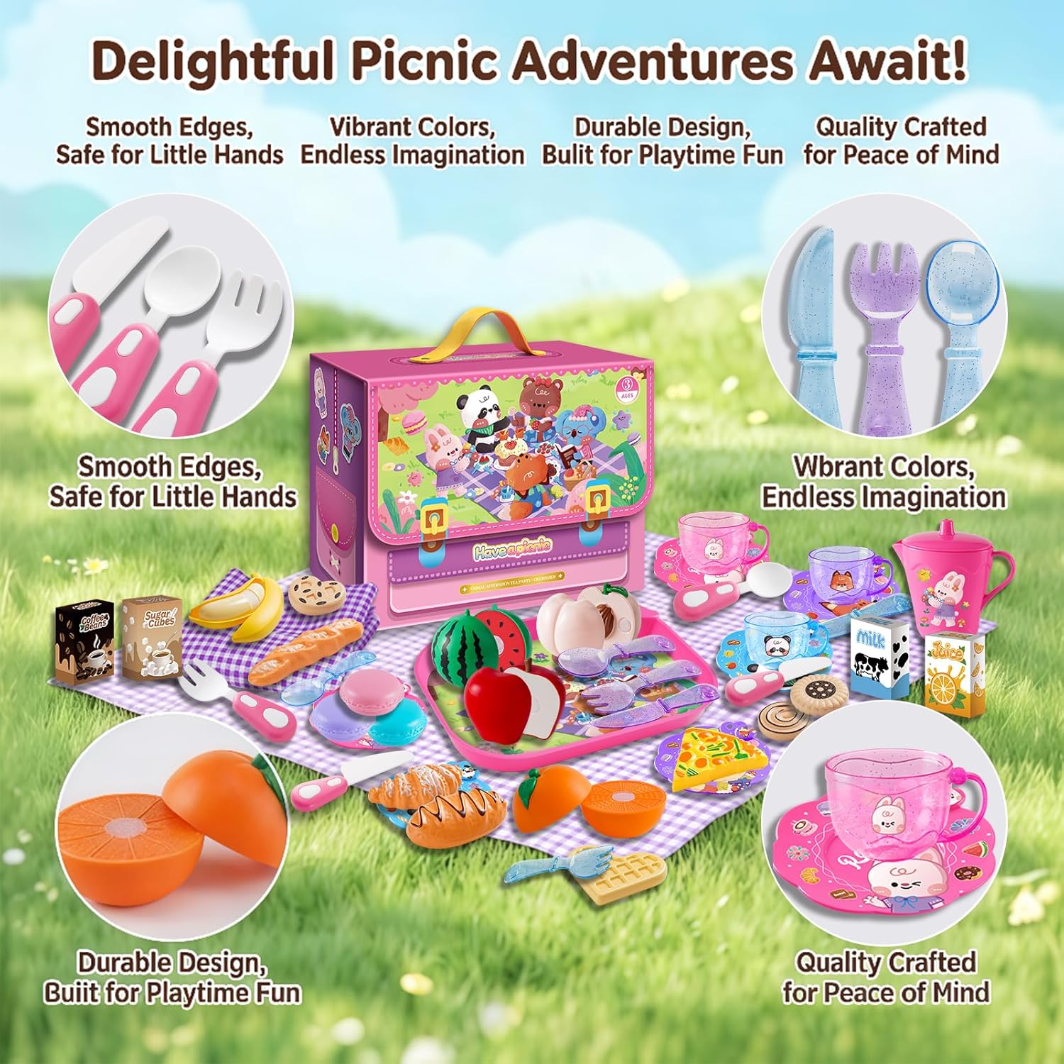 Picnic Tea Party Afternoon Tea Toy Set, Suitable for Little Girls, Includes Desserts, Cookies, teapot, Milk, Juice, Bread, Coffee, Pizza, Fruits, Tableware, Carrying case, Storage Box. Aged 3 to 8.