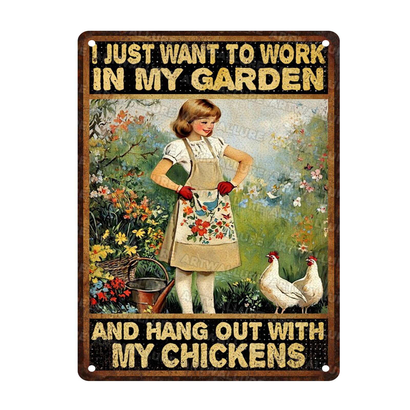 Garden Vintage Tin Sign I Just Want To Work In My Garden And Hang Out With My Chicken Metal Sign Funny Chicken Sign for Yard Backyard Patio Porch Decor 12x16inch