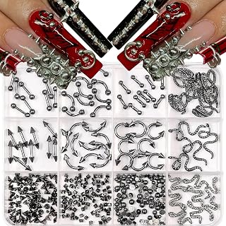 Gun Black Punk Alloy Nail Charms 3D Piercing, Barbell, Arrow, Ring, Snake Nail Studs Metallic Cross Nail Rhinestones Gothic Y2K Snake Nails Jewelry for Daily Manicure Designs 12Grids