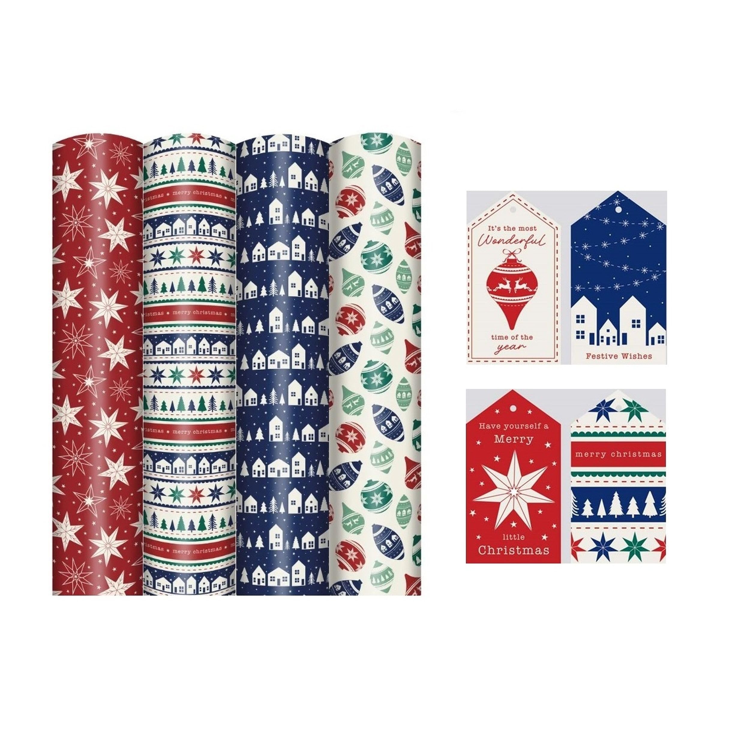 4 x 4M Rolls Of Christmas Wrapping Paper - Traditional Nordic Designs - Festive Scandi Wrap - blue houses, stars, baubles, red white and blue wrap - 16 Matching Luggage Style Gift Tags