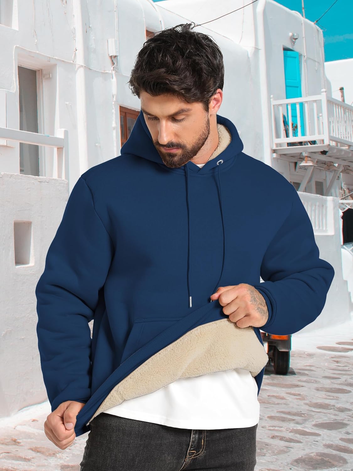 ZITY Men's Sherpa Lined Hoodie Sweatshirts Heavy Pullover Kangaroo Pocket Winter Windproof Warm Fleece Hoodie Athletic