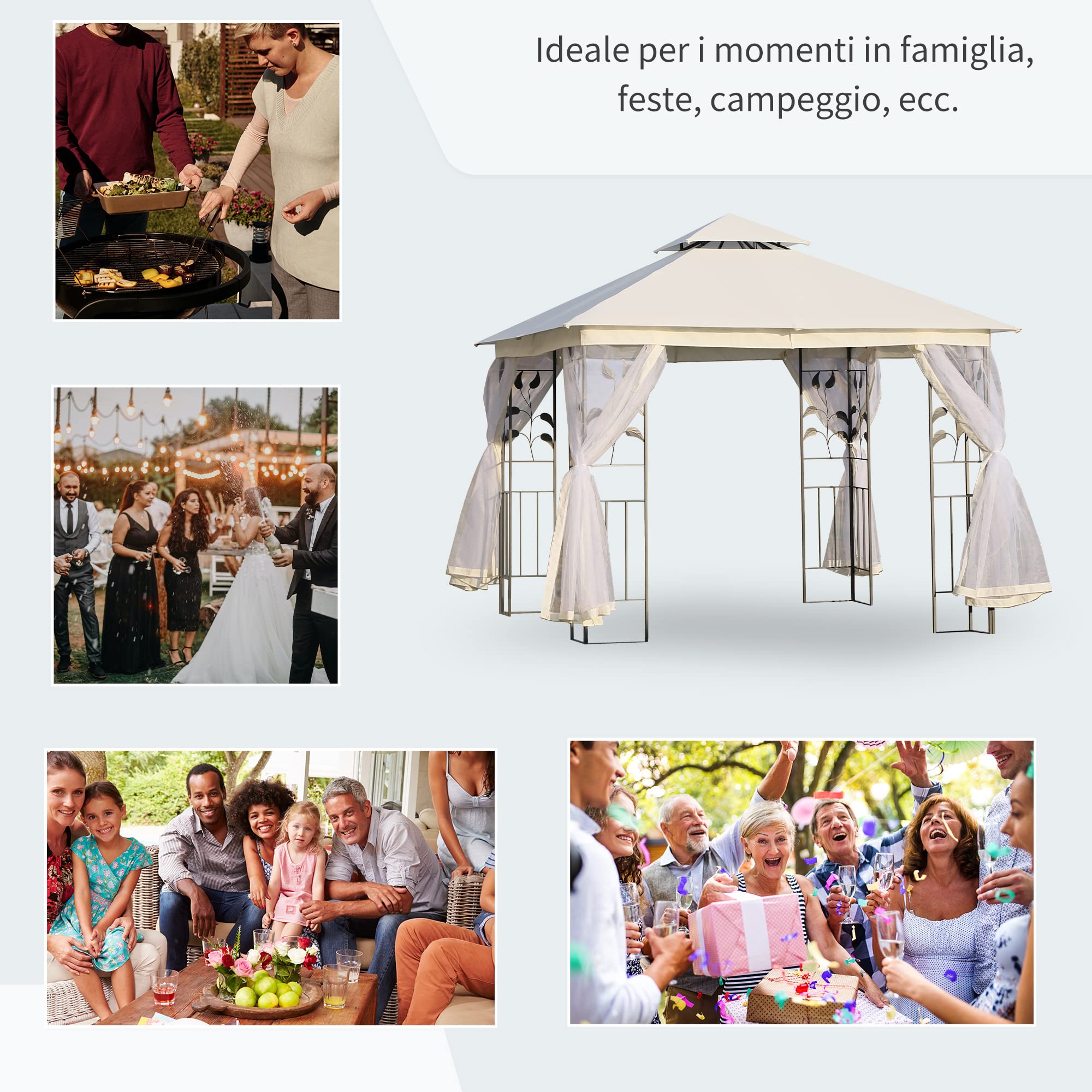Outsunny Gazebo 3x3m da Esterno con Zanzariera Telaio Acciaio Bianco | Doppio Tettuccio, Gazebo da Giardino
