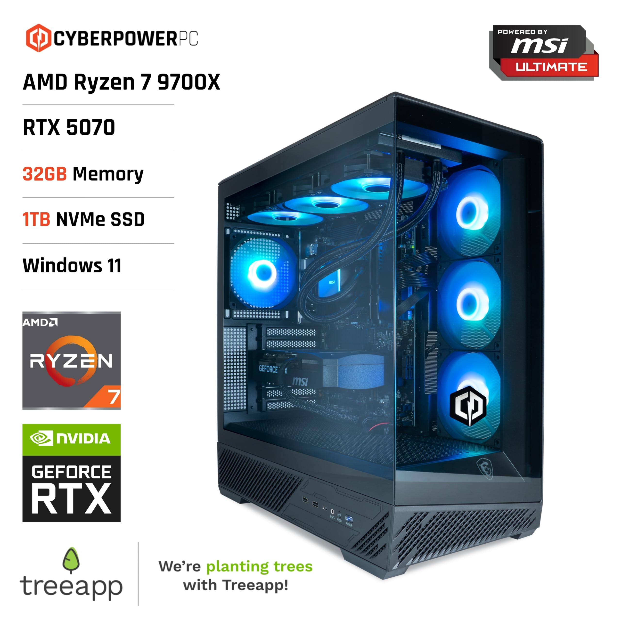 CyberpowerPC x MSI PBM Gaming PC - AMD Ryzen 7 9700X, Nvidia RTX 5070, 32GB RAM, 1TB NVMe SSD, 850W PSU, Windows 11, Liquid Cooling, Mag Pano 130R PZ Black Case
