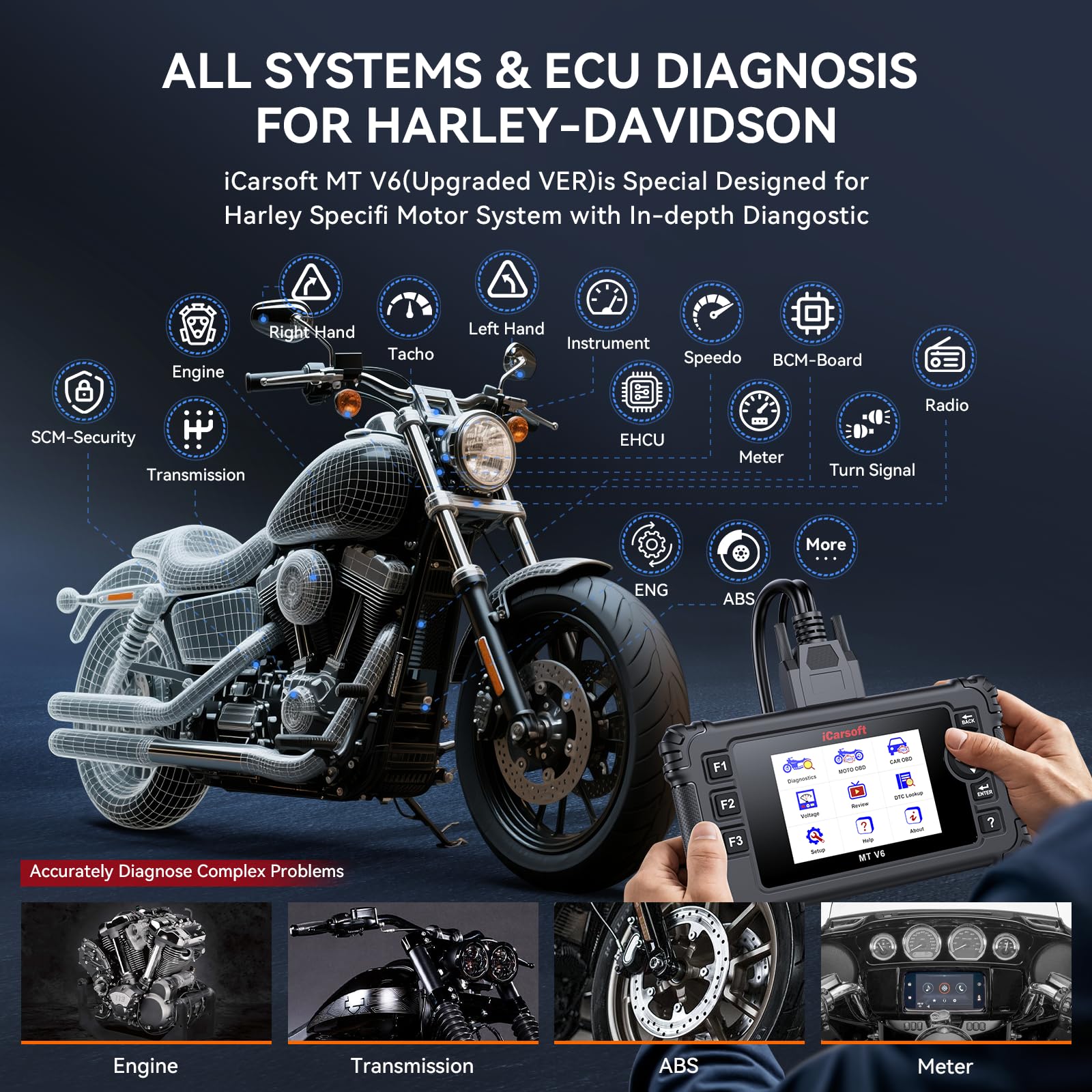 iCarsoft MT V6 Outil de diagnostic de moto pour Harley, tous les systèmes de diagnostic OBD2 avec 57 tests d'actionnement, 43 fonctions spéciales, réinitialisation d'huile/ETC/ABS/ESA/ralenti moteur