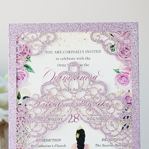 Miniatura 6 de Hosmsua 50 piezas de 5.1 x 7.3 pulgadas en blanco púrpura con purpurina kit de invitaciones de quinceañera corte láser corona floral bolsillo