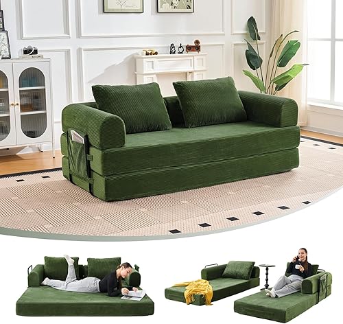 79" Convertible Sofa Bed, 5-in-1Boneless Couch for Living Room with 2 Pillows Corduroy Folding Sleeper Sofa Bed, Boneless Cloud Loveseat Futon Sofa Bed for Living Room Bedroom Lounge, Green