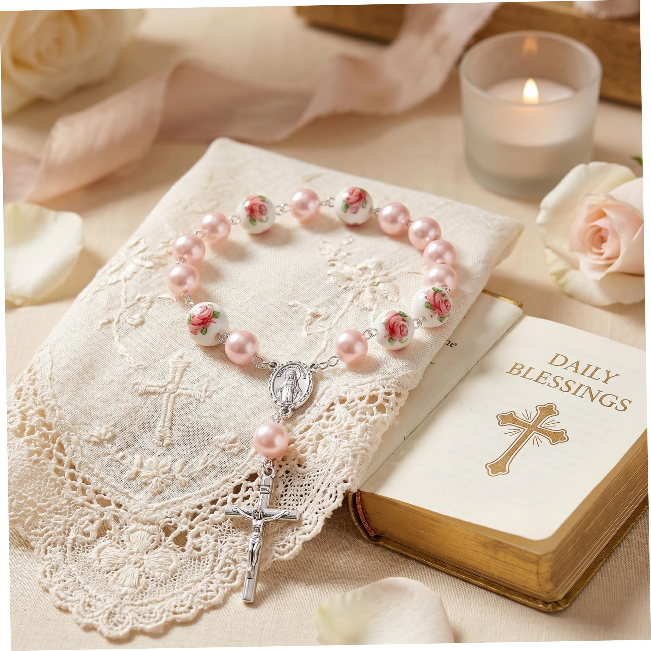 Mini chapelet, 50 pièces chapelet de baptême faveurs bracelets de perles fleurs en céramique avec pendentif croix pour baptême mariages première communion, 2, 2 pouces, cadeaux, mini