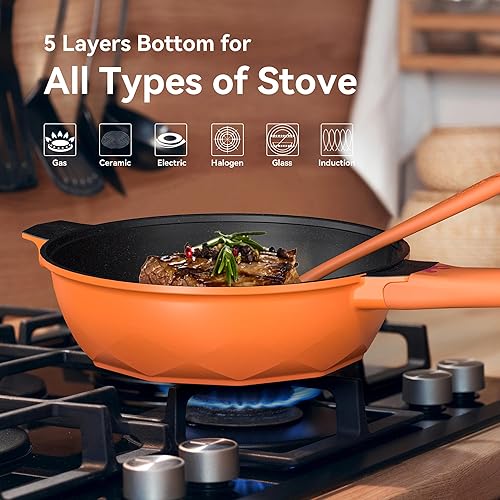 Vista 34 de TIBORANG Sartén antiadherente 8 en 1 multiusos de 11 pulgadas, 5 cuartos de galón, con tapa de vidrio, mango que se mantiene fresco, rejilla al