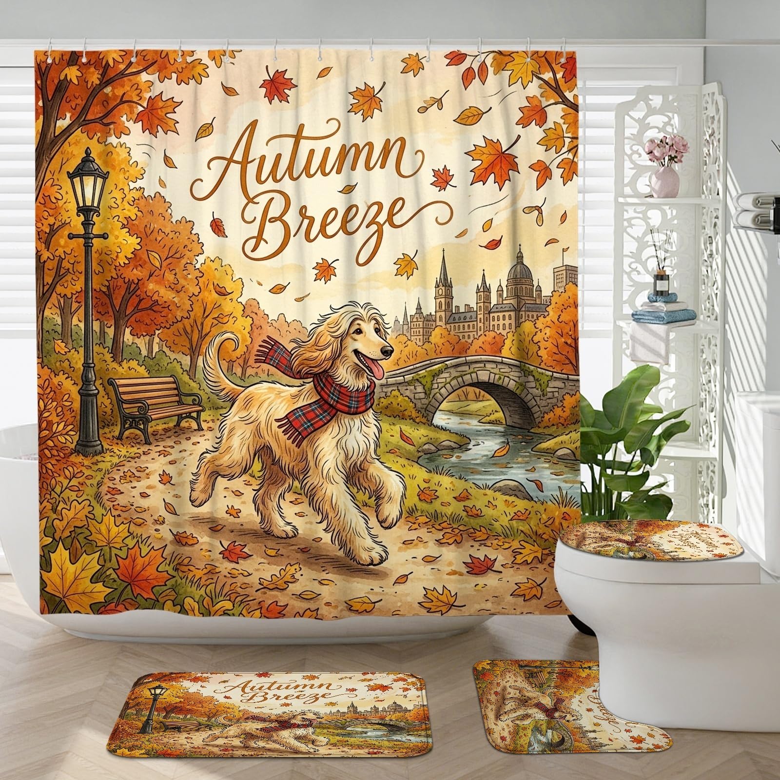 Rideau de douche motif lévrier afghan tapis antidérapant couvercle toilette décoration bain
