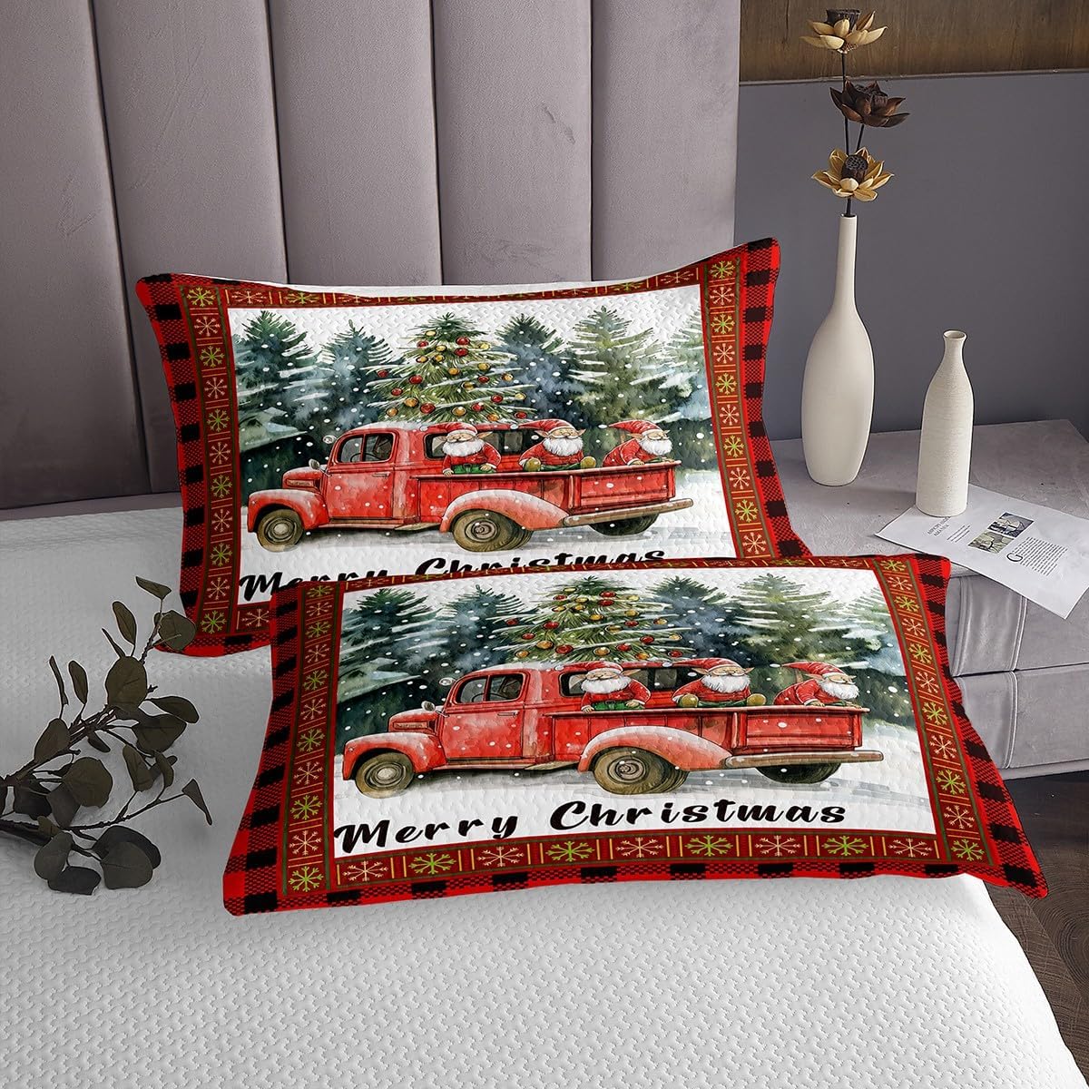 Homewish Merry Christmas Bedspread King Size,Retro Red Truck Christmas Tree Quilt for Kids Boys Girls Room Decor,Gnome Snowflake Xmas Bedding Set 3Pcs,Black Red Plaid Coverlet Set,2 Pillowcases
