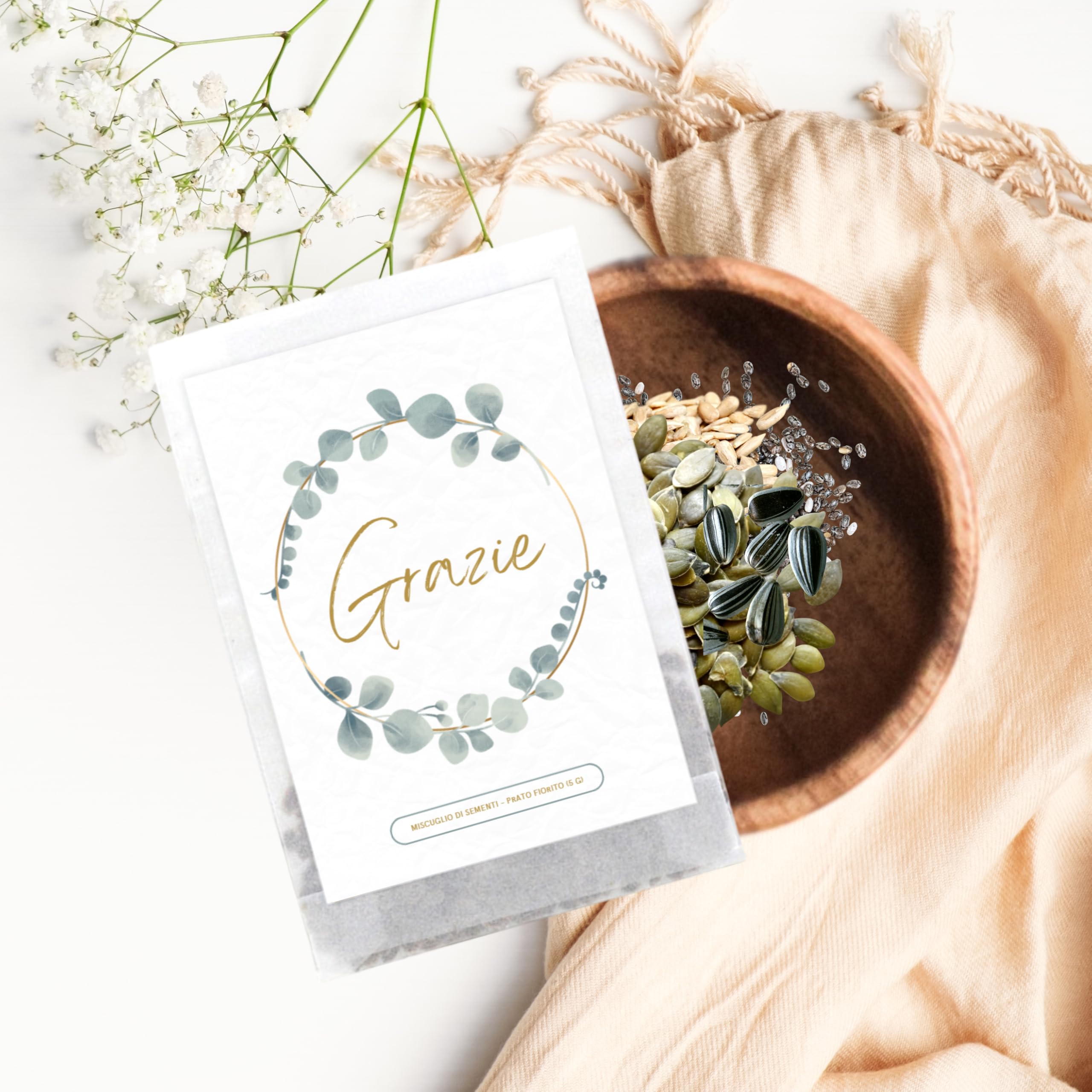 Semi di Fiori "Grazie" | Idee Regalo e Pensierino Originale | Piccolo Regalo per Colleghi, Maestre e Ospiti | Bomboniere Compleanno Bambini | Segnaposto Comunione (20 pezzi - Grazie "Eucalipto")