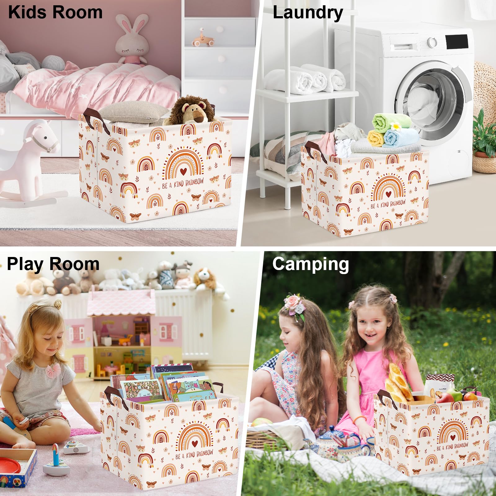 Clastyle Cajas de Almacenaje Rosa Cubo Arco Iris Mariposa Flores Boho Cesta para Guardar Ropa Juguetes Libro Rectangular para Habitación Infantil, 36L