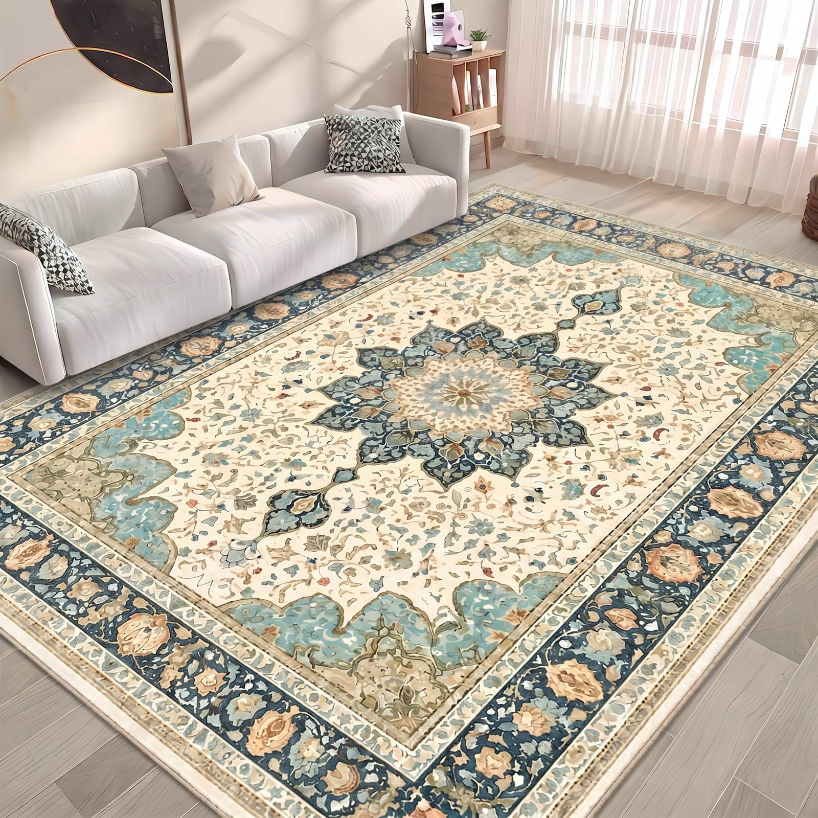 Tapis vintage lavable, pour salon, vert sauge, à poils bas, antidérapant, tapis doux avec motif vieilli pour chambre à coucher, salle à manger et salon - 140 x 200 cm