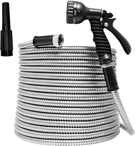 TUNHUI Manguera de jardín de metal flexible de alta resistencia de 100 pies, manguera de agua de acero inoxidable con 2 boquillas gratis, manguera