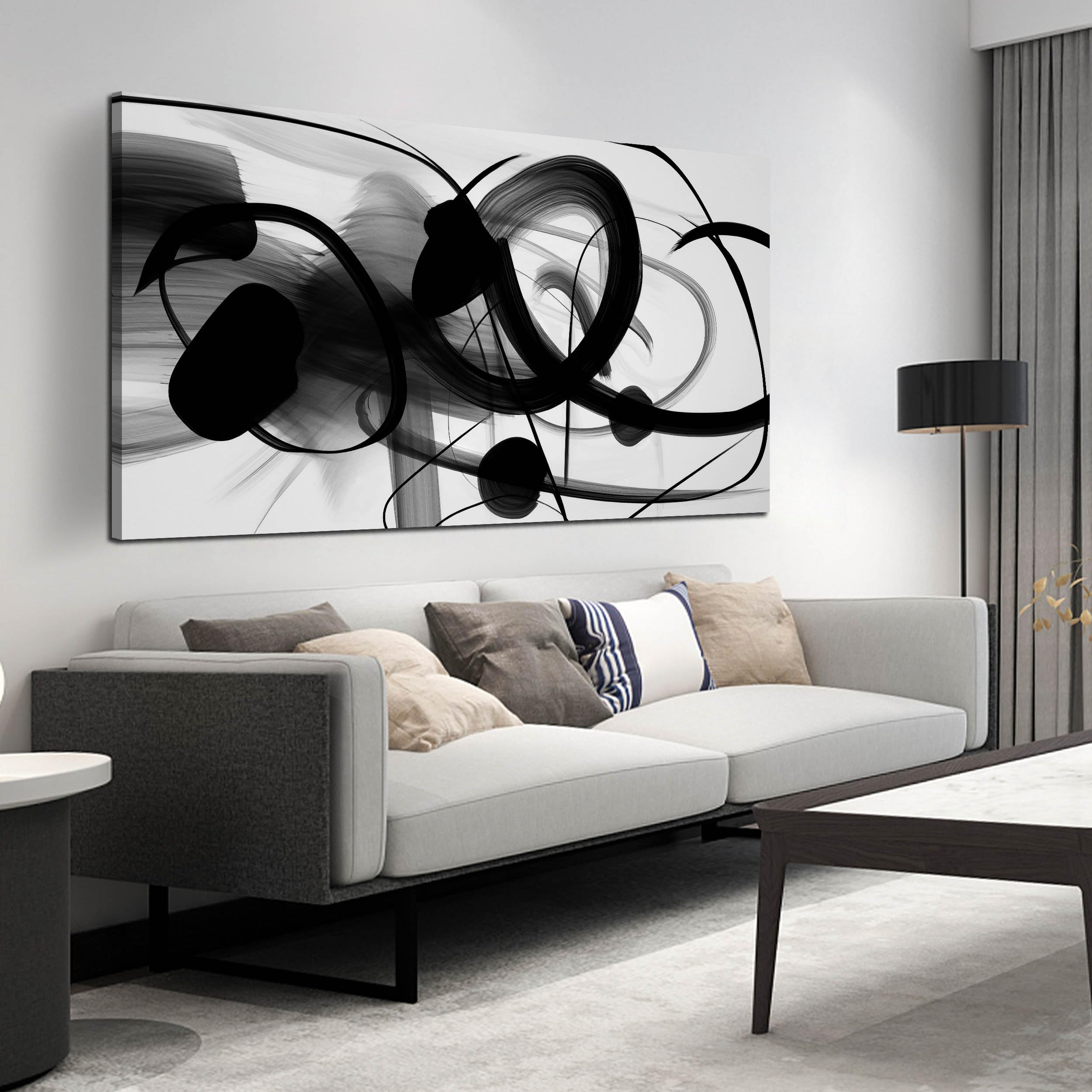 ANCXWOTER Large Canvas Wall Art for Living Room Bedroom Abstract Line Black and White Picture Ink and Wash Artwork Canvas Prints 29x59 Inch