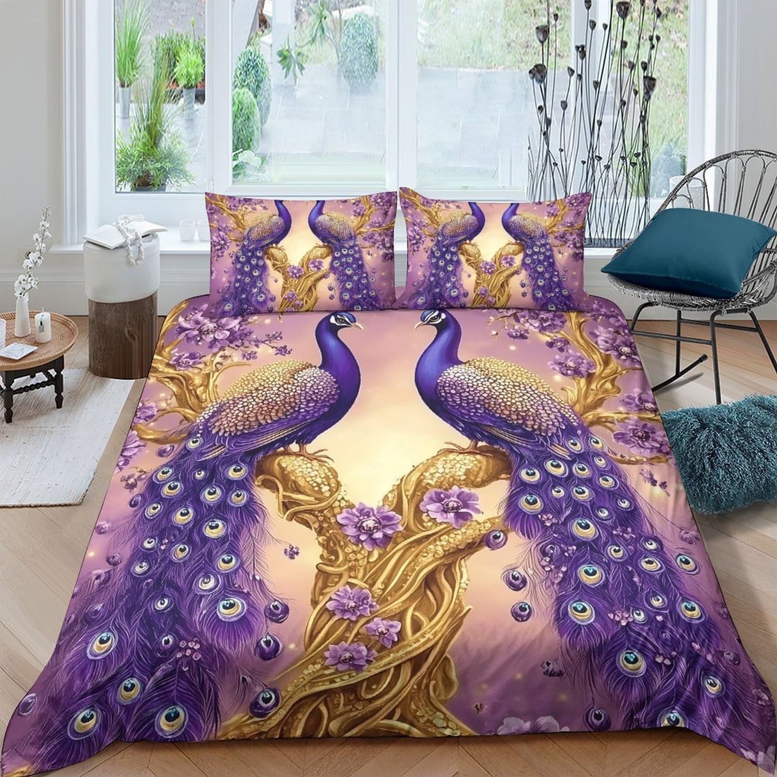 TUFRTGYHN 3D Printed Purple Peacock Duvet Cover Microfiber Soft Breathable Golden Tree Bedding Set with 2 Pillowcases for Bedroom Decor Single（135x200cm）