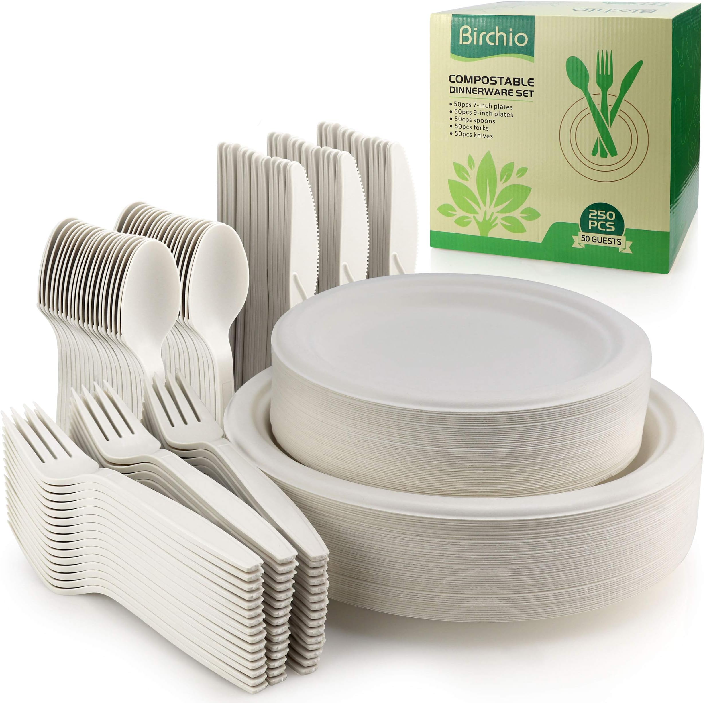 250 Piece Biodegradable Paper Plates Set (EXTRA LONG UTENSILS), Disposable Dinnerware Set, Eco Friendly Compostable Plates & Utensil include Plates, Forks, Knives and Spoons for Party
