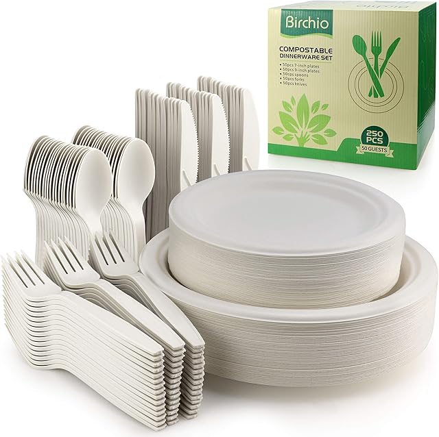 250 Piece Biodegradable Paper Plates Set (Extra Long Utensils), Disposable Plates Set, Eco Friendly Compostable Plates & Utensil Include Plates, Forks, Knives and Spoons for Party, Camping, Picnic