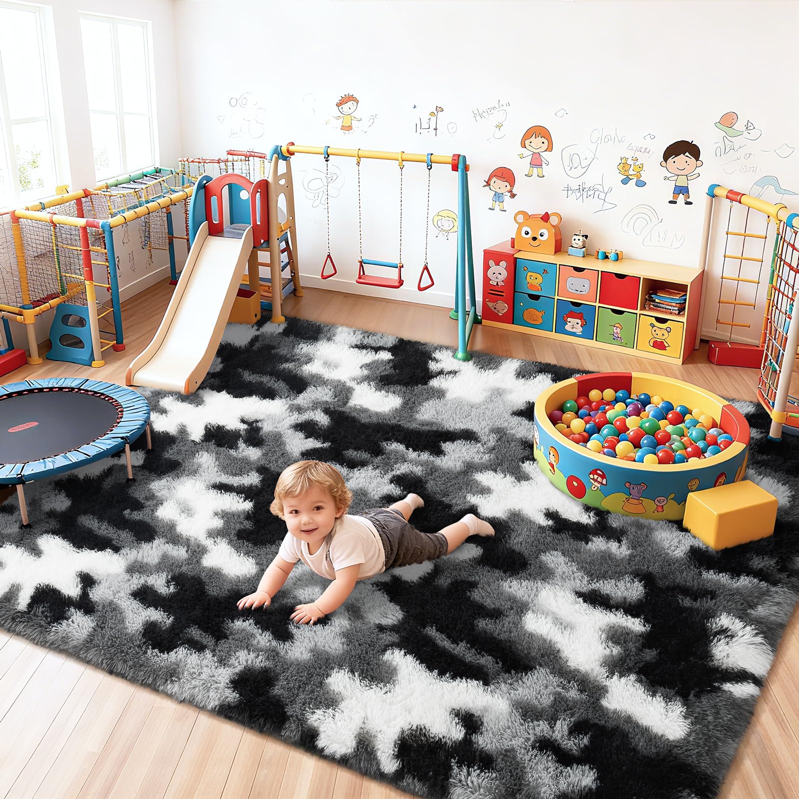 AROGAN Soft Fuzzy Kids Rugs for Girls Room Playroom 4x6 Feet, Fluffy Cute Colorful Princess Carpet for Kids Teens Nursery Toddler, Bedroom, Camouflage Black and White