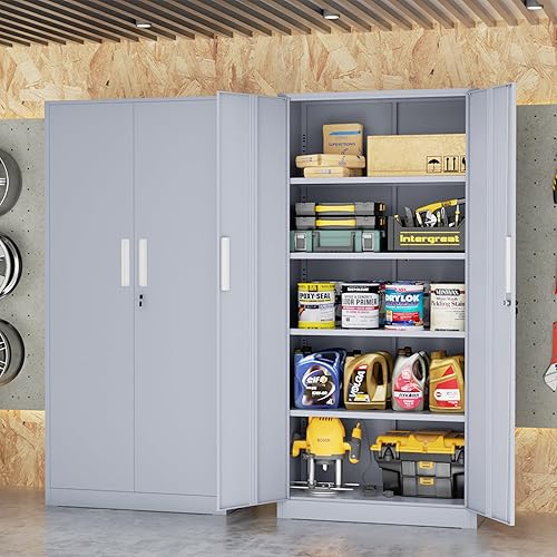 Miniatura 2 de INTERGREAT Armarios de almacenamiento de garaje con puertas y estantes, gabinete de acero con bloqueo de herramientas de 72 pulgadas, gabinete de
