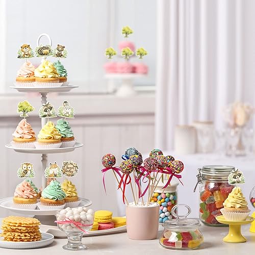 Miniatura 5 de Gyufise 36 piezas de decoración para cupcakes de fiesta del bosque, decoración de baby shower, dulce bebé, zorro, ciervo, feliz cumpleaños,