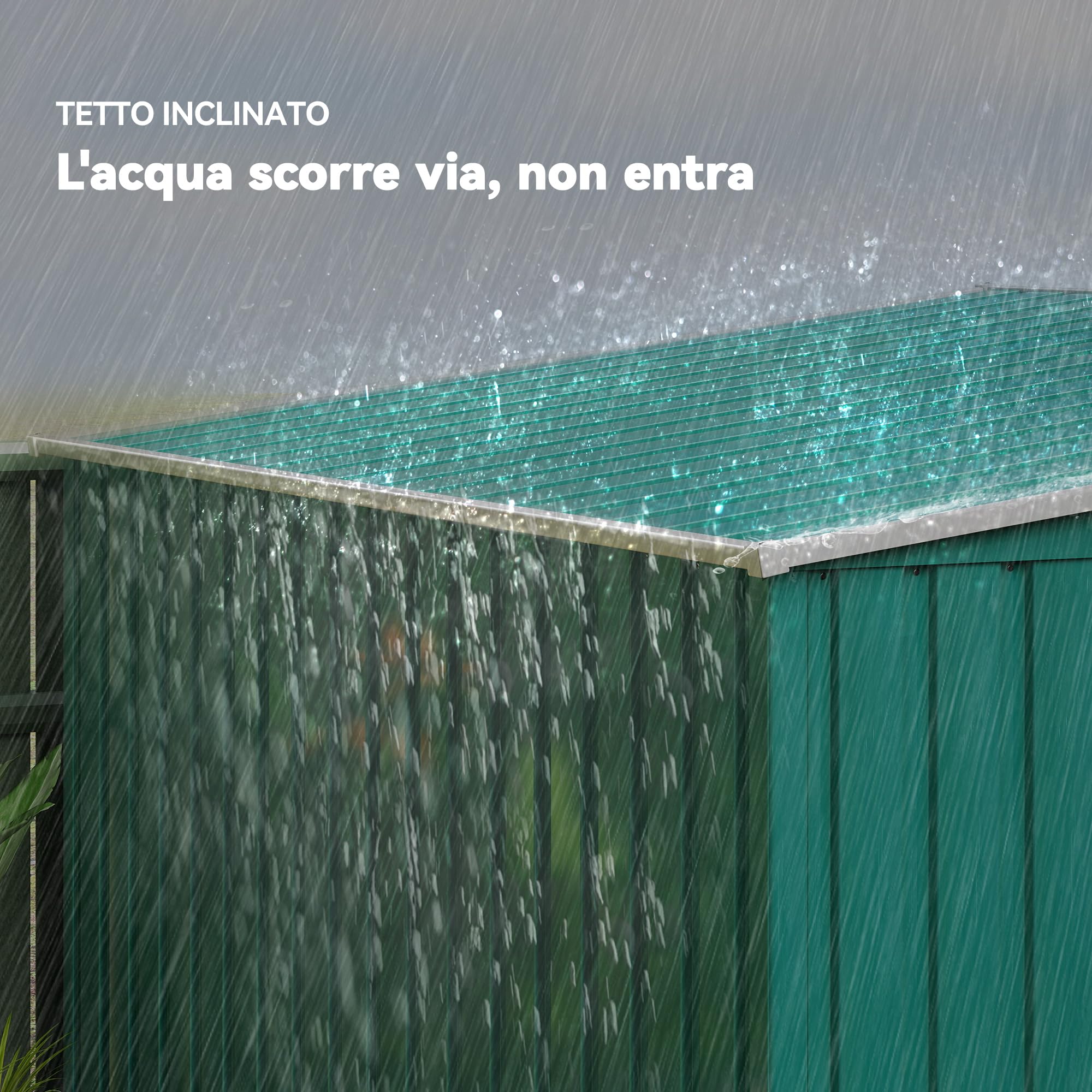 Outsunny Casetta da Giardino 2.81m² Acciaio Zincato Capanno Porta Attrezzi Addossato Porta Scorrevole Tetto Inclinato Verde