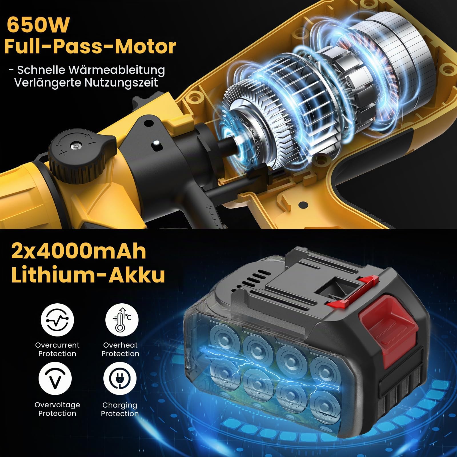 Farbsprühsystem Akku,650W Elektrische Farbsprühgerät mit 2 Akku 4000mAh,1000ml Farbbehälter,3 Sprühmustern & 6 Düsen.HVLP Lackierpistole für Wandfarbe,Schränke,Möbel (Gelb)