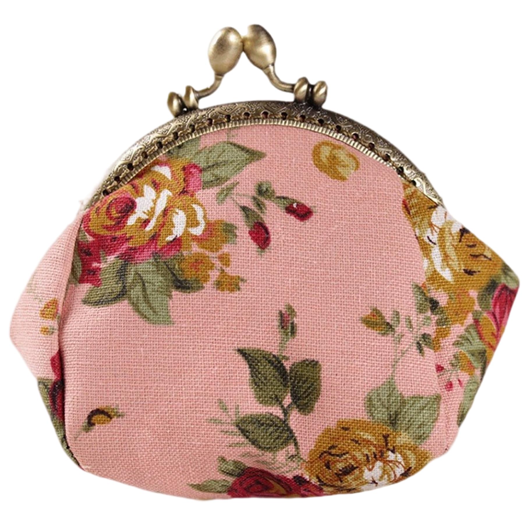 Kiss Lock Coin Purse, Vintage Coin Purse, Floral Canvas Kiss Lock for Women - Small Change Pouch, Wallet for Cards & Keys