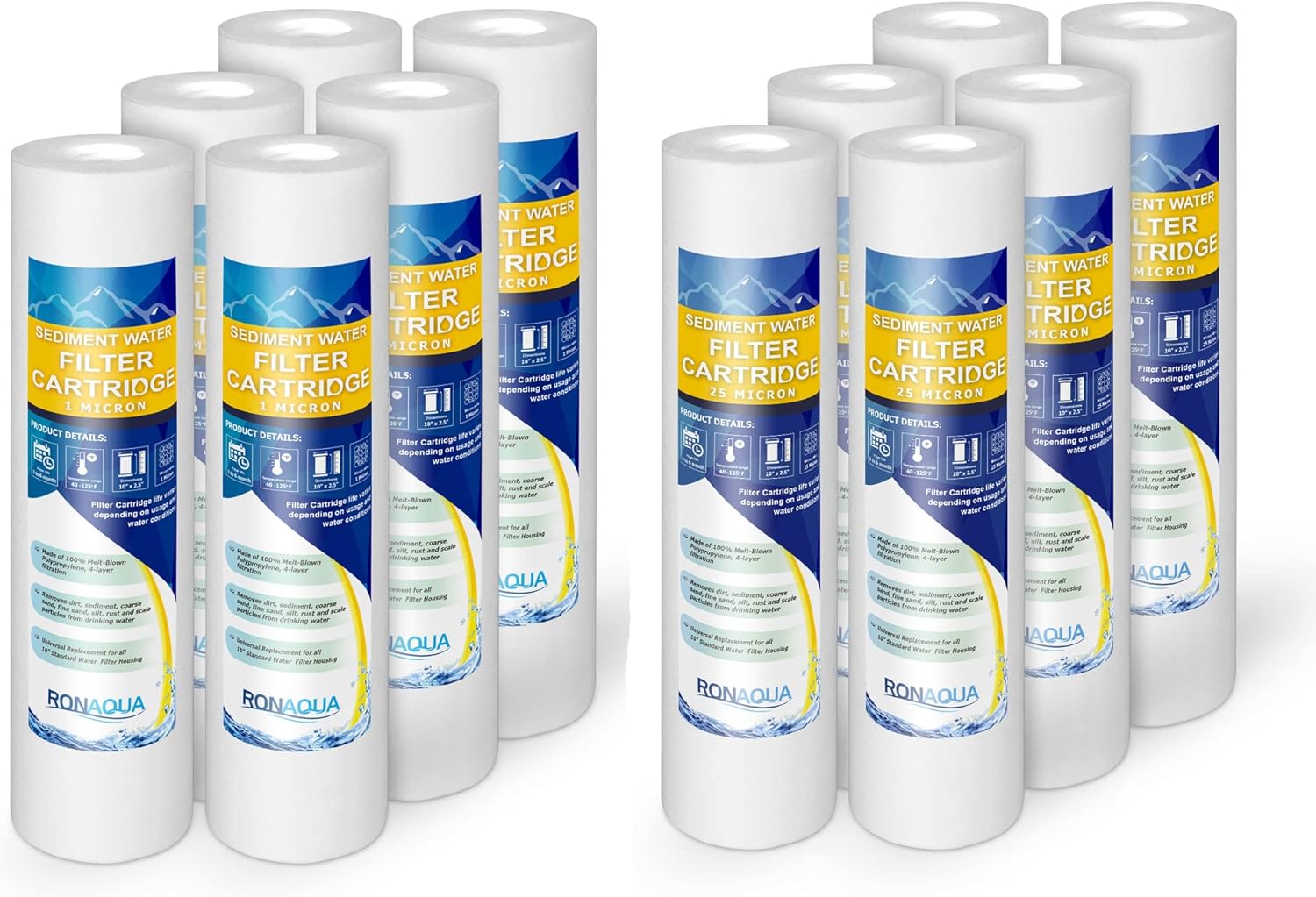 Sediment Water Filter Cartridge by Ronaqua 10"x 2.5", Four Layers of Filtration, Removes Sand, Dirt, Silt, Rust, made from Polypropylene 6 Pack, 1 Micron, 6 Pack, 25 Micron
