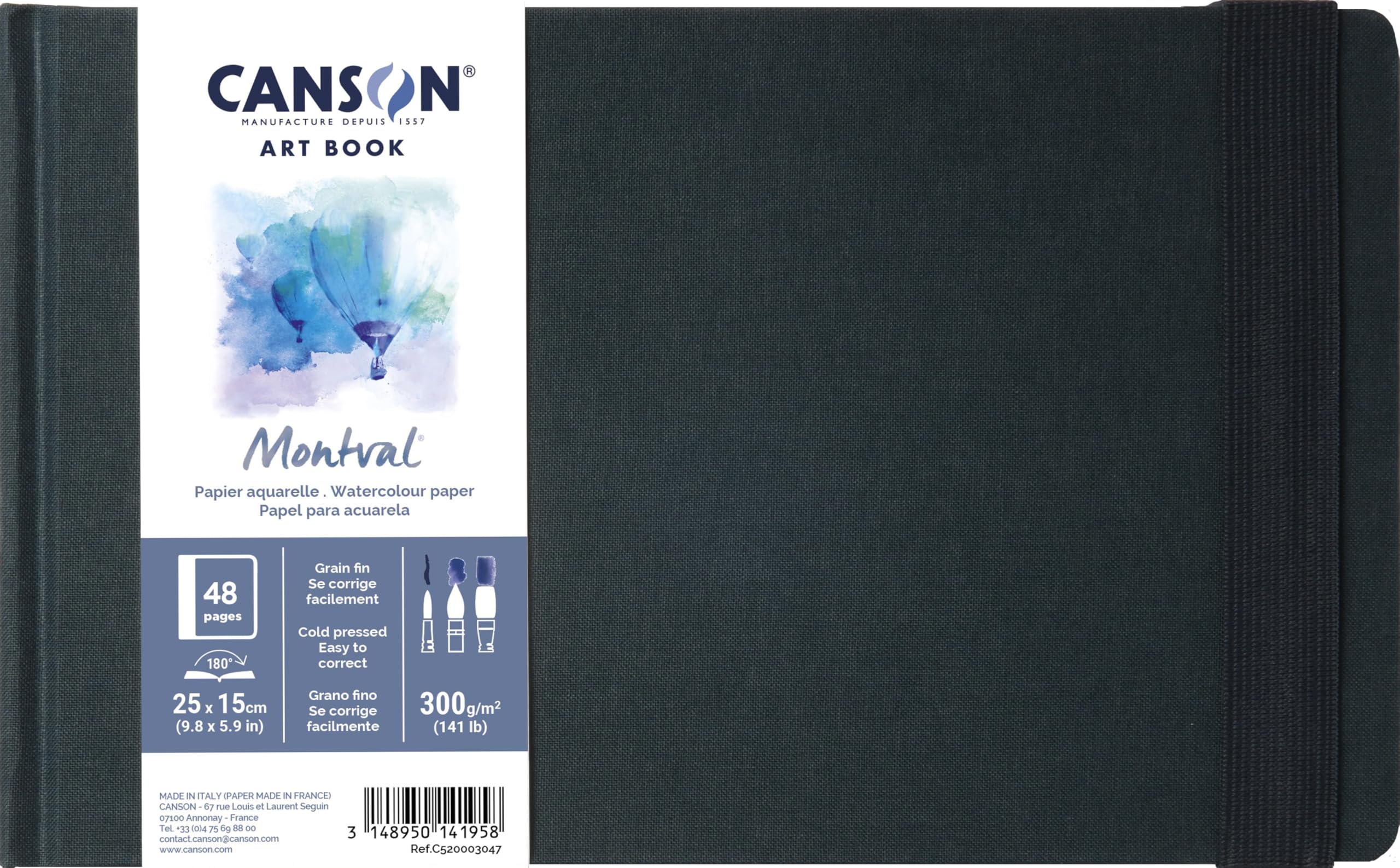 Canson Professional Book, Watercolor Paper, Fine Grain, 300gsm, Stitched Notebook, Hardcover, 25x15cm, White, 24 Sheets