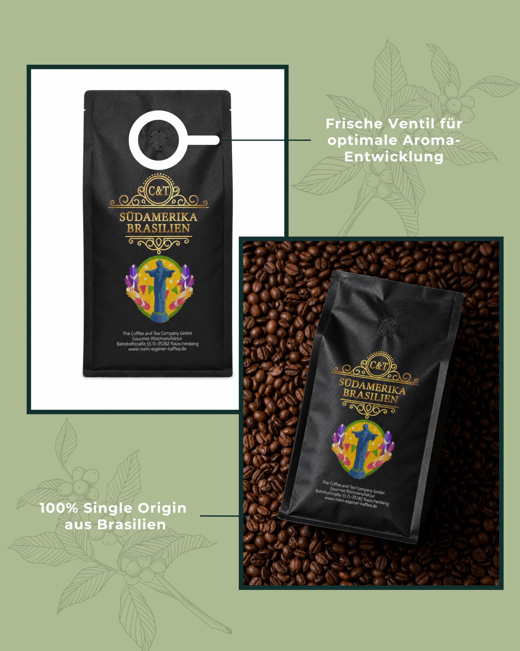 C&T Spezialitätenkaffee aus Brasilien (3x1000g) | Single Origin Kaffee | 100% Arabica Kaffeebohnen | Schonende Trommelröstung | säurearm & frisch geröstet | Schokolade, Nuss & Karamell | Ganze Bohnen