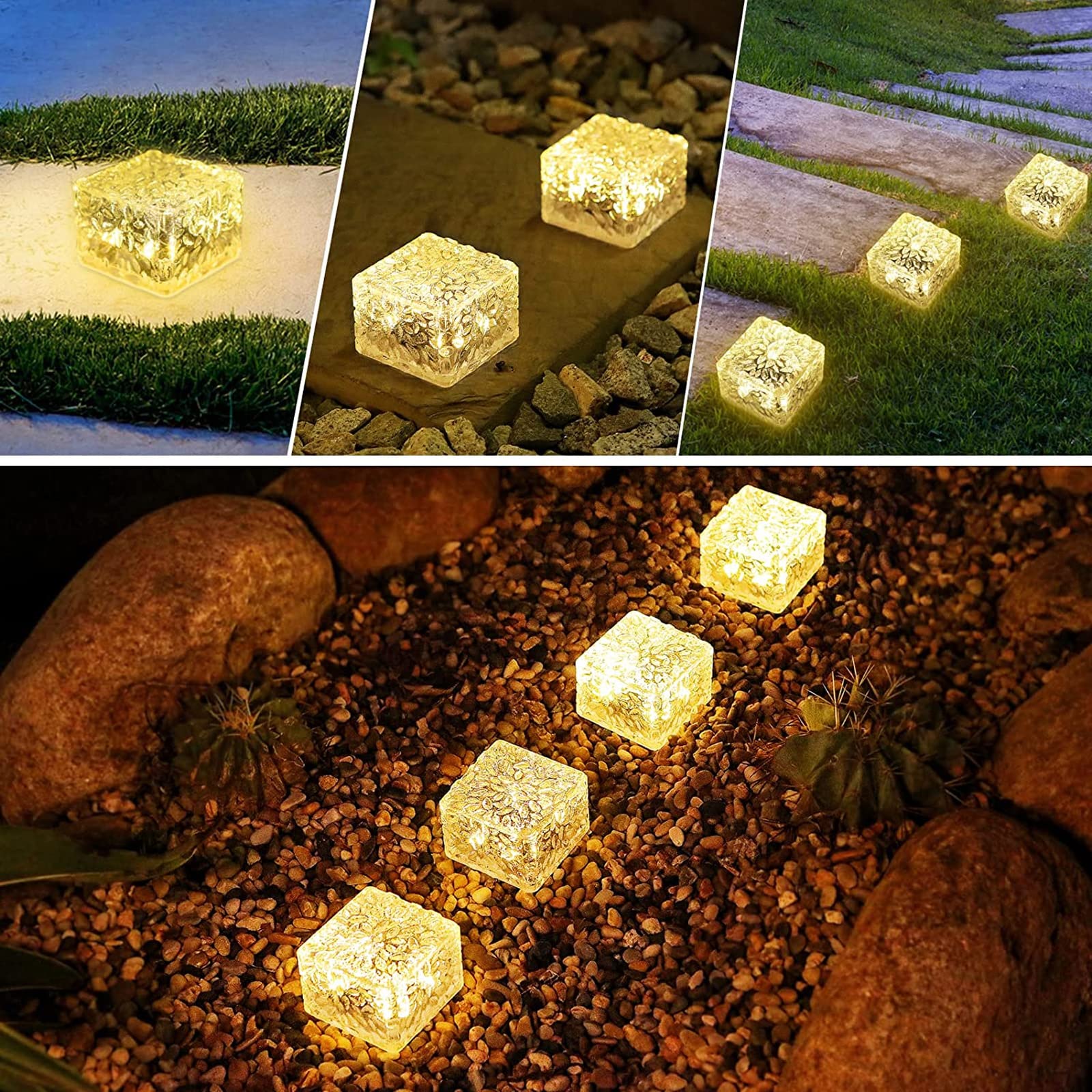 4 sztuki Led Solar Perły Kryształowe, Cegły Solarne Światła, Wodoodporne Światła Auto On/Off Solar Deck Outdoor, Solar Lights Led Outdoor Garden,dla CeSped Taras Schody Dziedziniec (kolor ciepły)