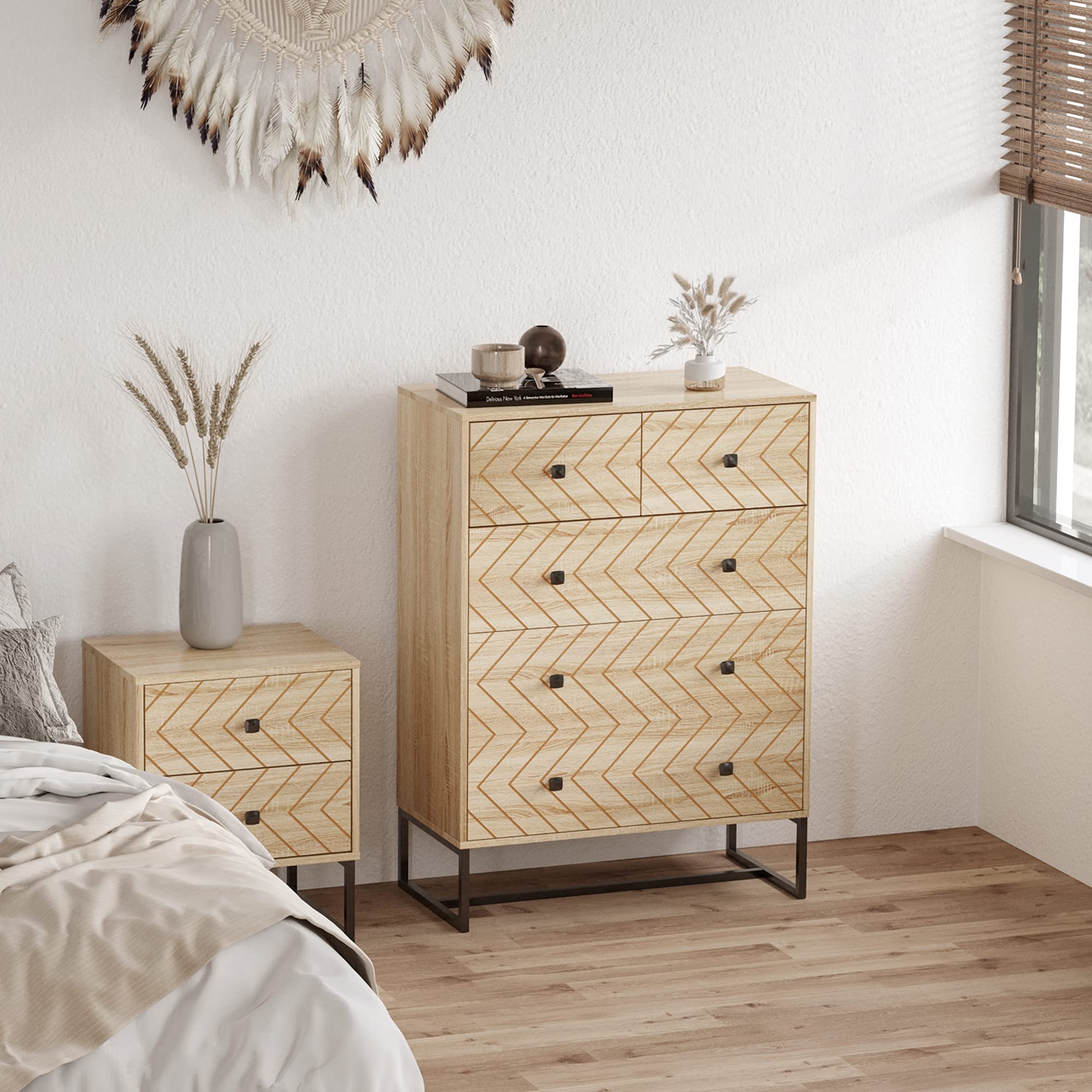 HOMCOM Armario Auxiliar Cómoda Cajonera 5 Cajones 80x39,5x110cm | Mesilla de Noche, Organizador, Almacenaje, Oficina
