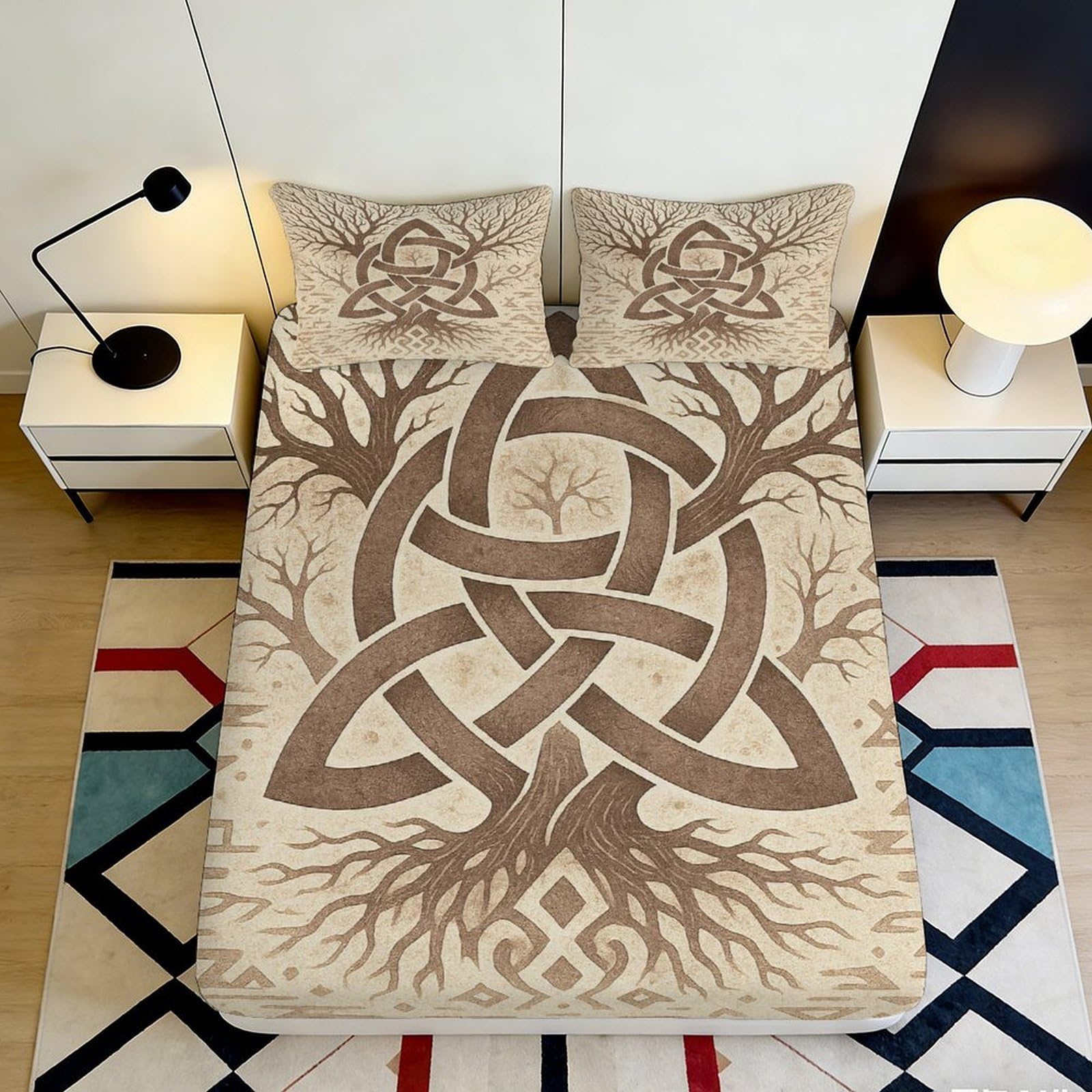 3D Printed Celtic Tree of Life Fitted Sheet Microfiber Soft Beige Brown Knot Bed Cover for Bedroom Dorm Mattress Protection Decor 160x200x25cm