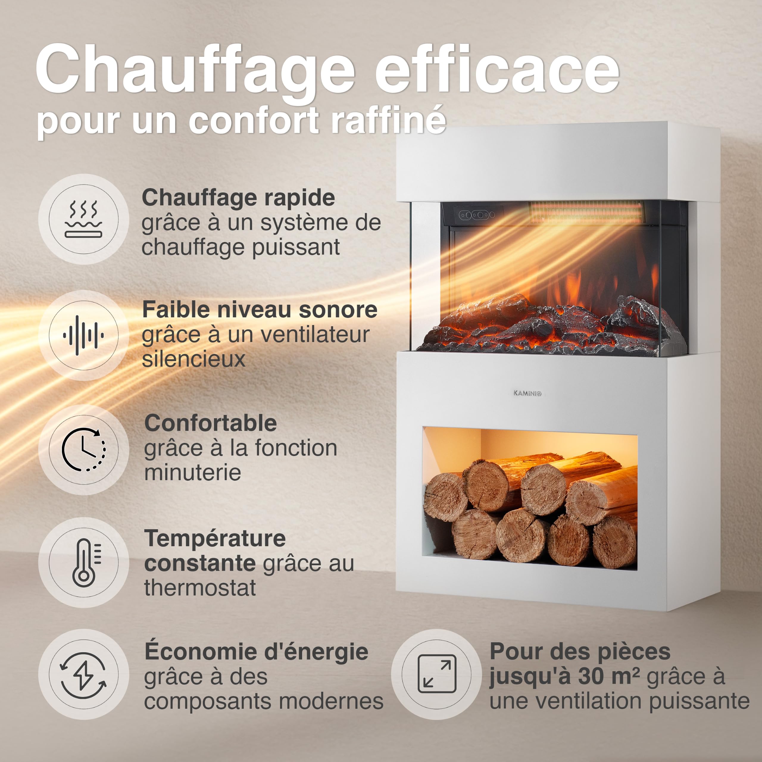 KAMINIO Cheminée Electrique Henri - Poêle Électrique avec Chauffage, Effet de Flamme 3D, Compartiment à Bois, télécommande (Blanc)