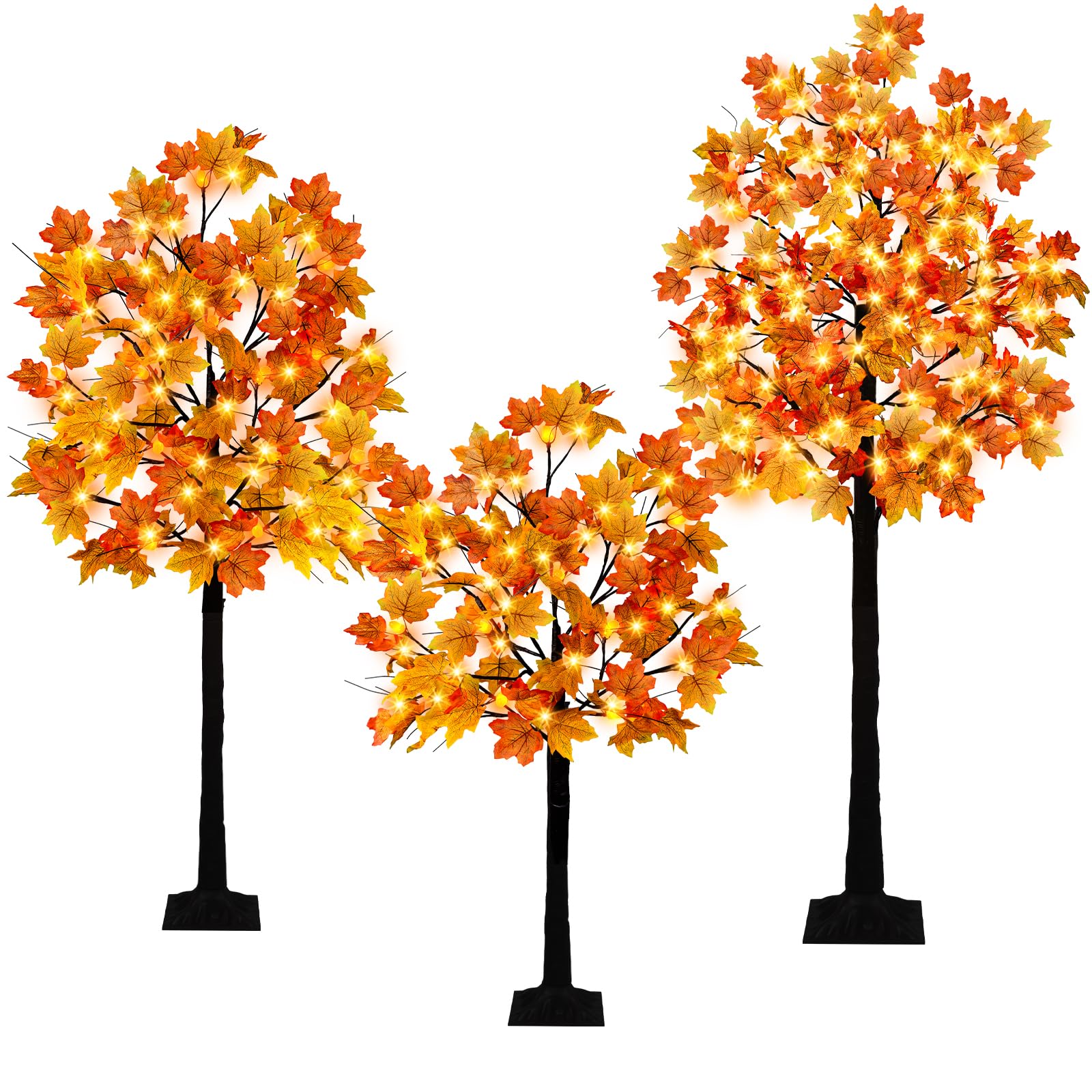 Krissing 3 Pack Light Up Fall Tree, 4Ft, 5Ft, 6Ft Artificial Lighted Fall Maple Tree with Lights Fake Autumn Maple Tree for Fall Home Indoor Outdoor Thanksgiving Fall Decor
