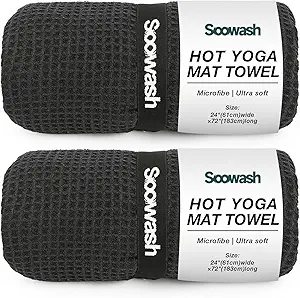 Hot Yoga Towel 2 Pack Yoga Mat Towels Microfiber Yoga Towels for Hot Yoga Non Slip Absorbent Anti-Slip Cover Hot Pilates Exercise Fitness 24 inch X 72 inch Black