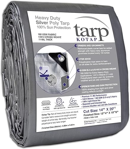 Kotap TRS-1420 - Lona de poliéster resistente de 10 mil con protección UV 100%, 14 pies X 20 pies, Plata
