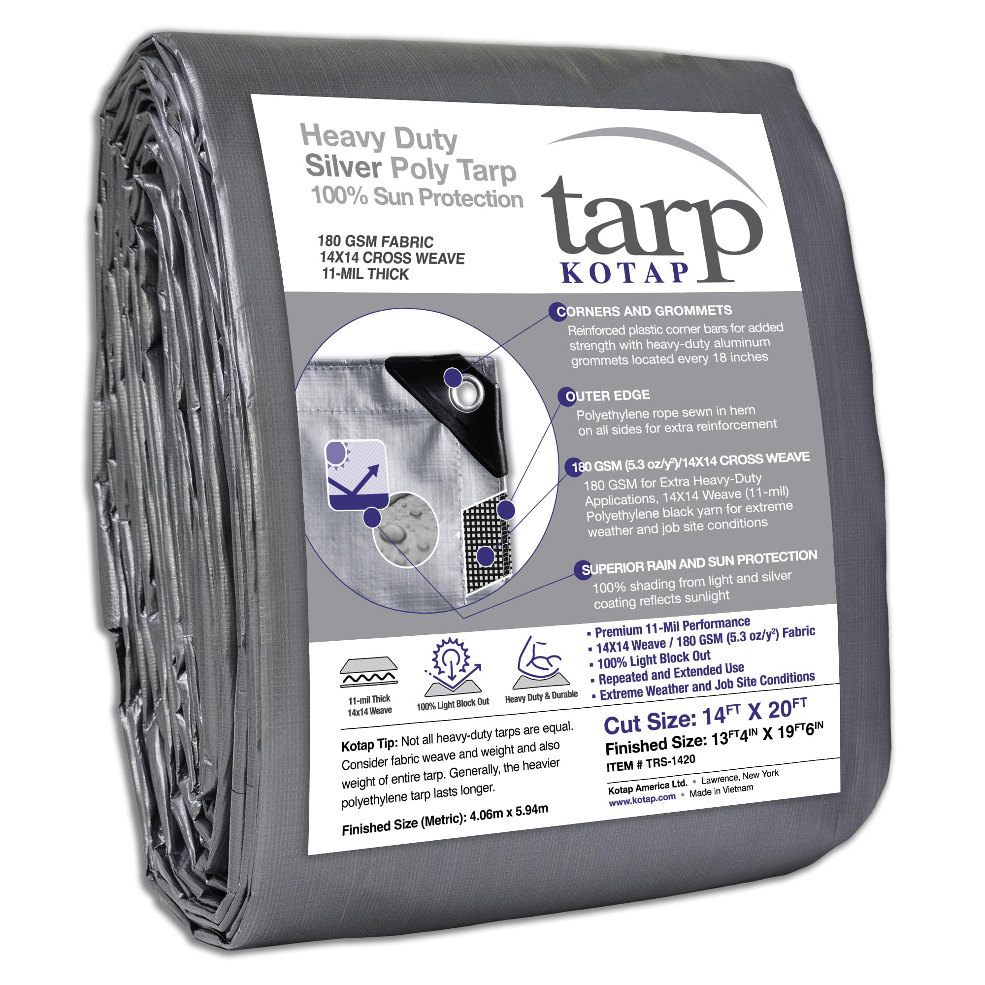 Kotap 14-ft X 6.1 Heavy-duty 14 por 14 Cruz weave UV Blocking 10-mil plata Poly Tarp, tema: trs-1420